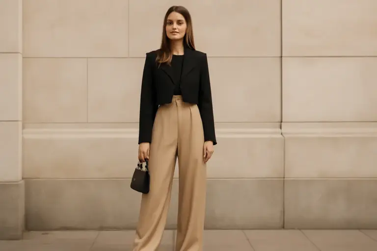 Abbina pantaloni wide leg a blazer corti: il trucco che crea una silhouette equilibrata